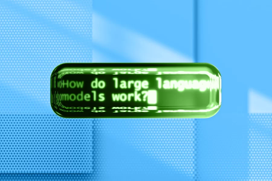 Caixa de texto em liquid glass com o texto "How do large language models work?", um exemplo do que é NLQ e de como funciona uma query