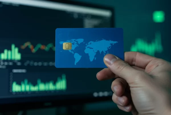 Cartão corporativo integrado ao SAP Concur, em frente a uma tela de computador com interface de sistema financeiro com integração ERP.