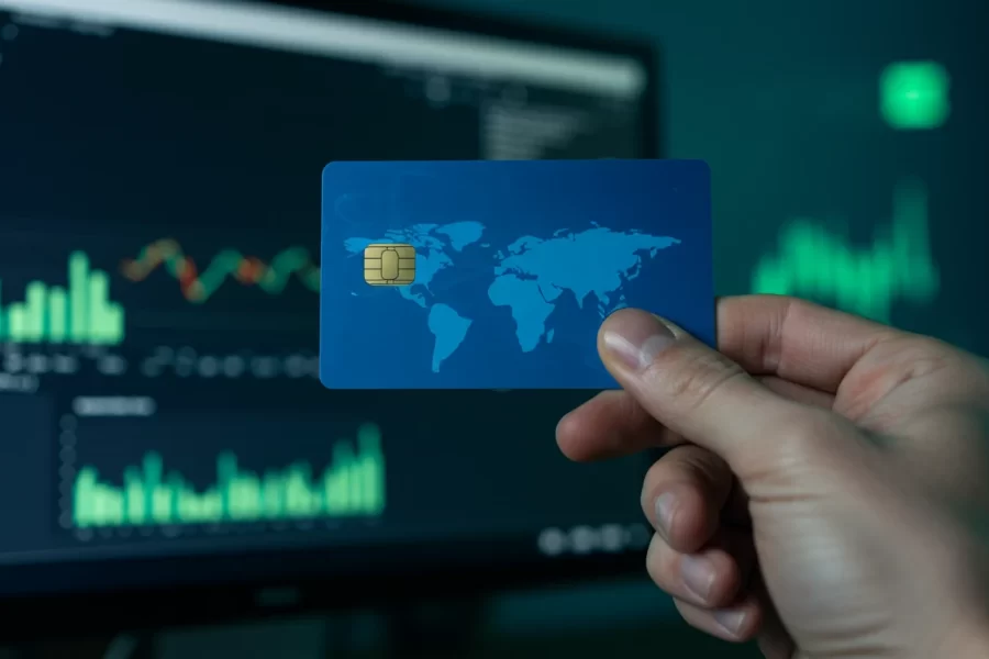 Cartão corporativo integrado ao SAP Concur, em frente a uma tela de computador com interface de sistema financeiro com integração ERP.
