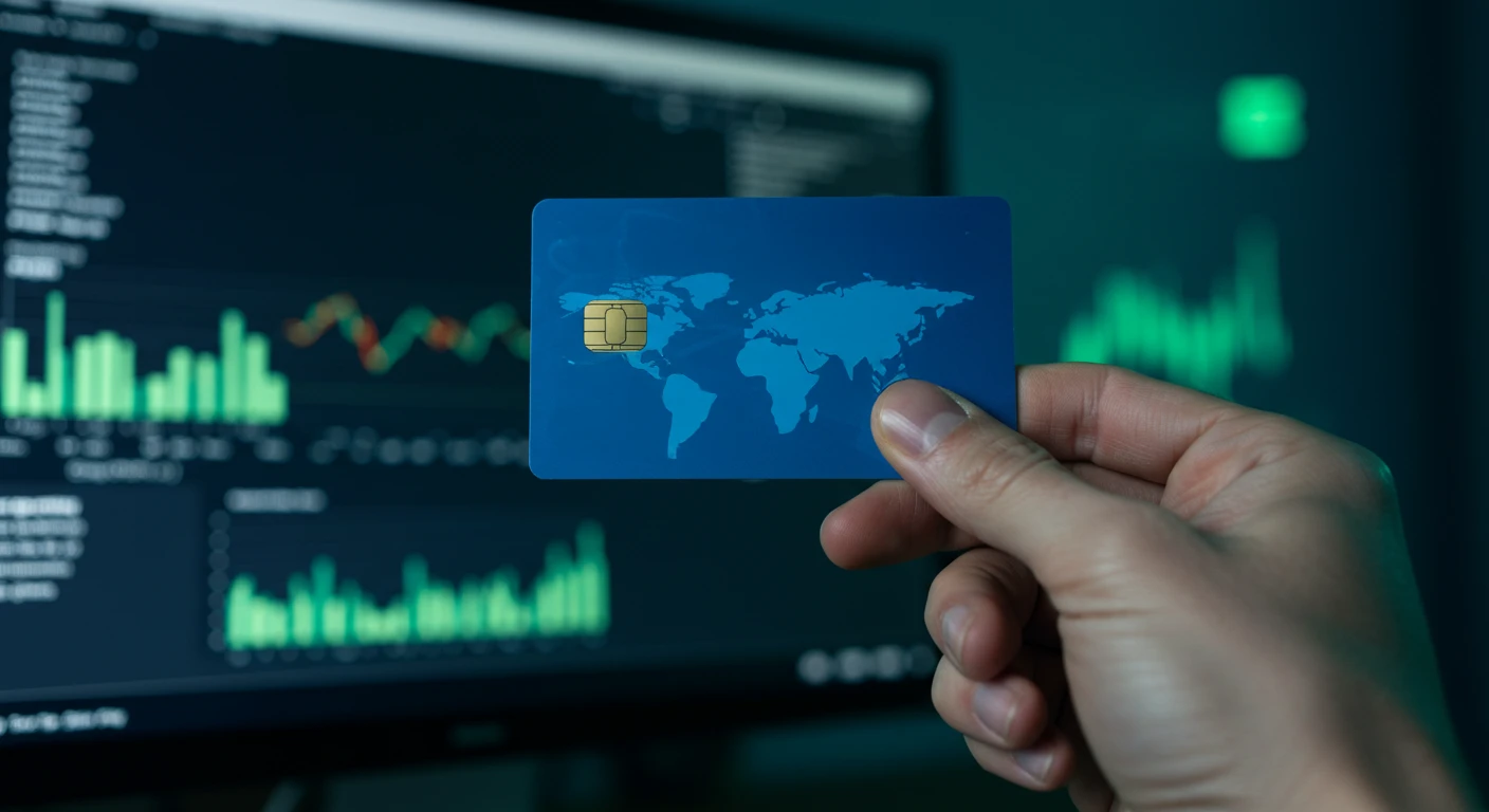 Cartão corporativo integrado ao SAP Concur, em frente a uma tela de computador com interface de sistema financeiro com integração ERP.